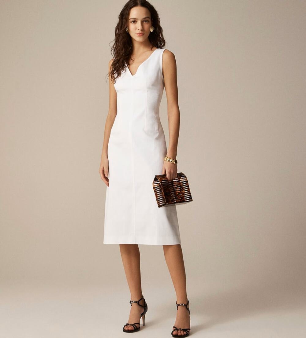 J.Crew Corset Midi Dress WMNS 2 White Stretch Twill V-Neck Sleeveless Back Zip